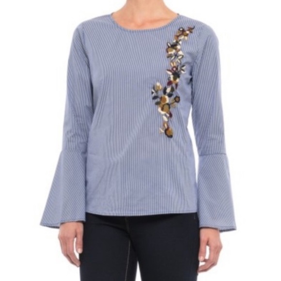 St. John's Bay Tops - ⚫️ St. John’s Bay Striped Blue Top with Embroidered Floral Design & Flare Sleeve